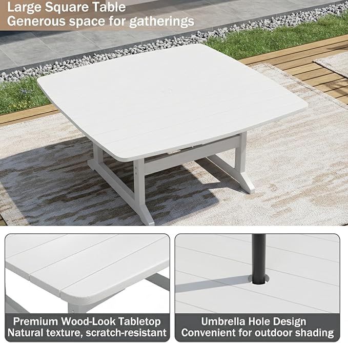 Outdoor Dining Set, HDPE 9-Piece Patio Table and Chairs Set, All-Weather Outdoor Dining Table Set for 8 with Umbrella Hole, Durable Patio Furniture Set with Chairs,White