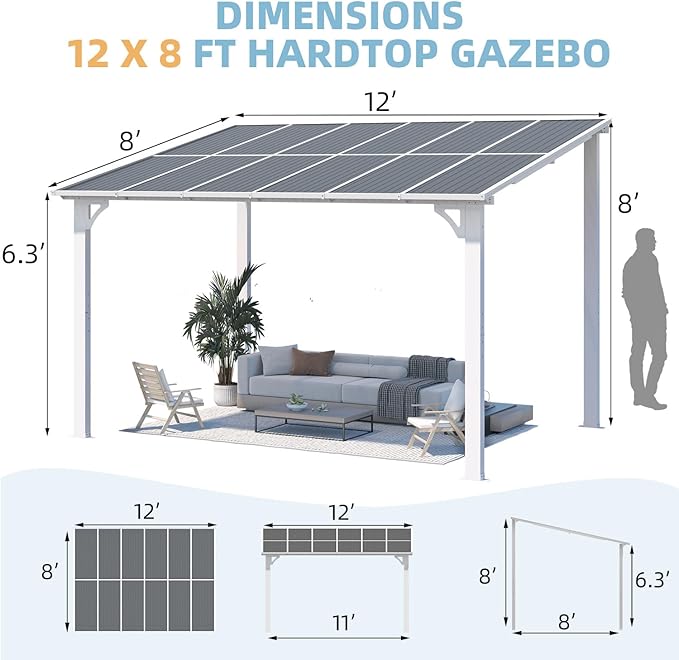 AECOJOY 12' x 8' Outdoor Gazebo Pergola for Patio, Large White Hardtop Lean to 8x12 Gazebo Shelter Pergolas and Gazebos Clearance with Patio Roof, Wall-Mounted Heavy Duty Awnings for Backyard