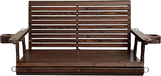 Wooden Porch Swing 2-Seater, High Backrest and Deep Seat, Bench Swing with Cupholders, Hanging Chains and 7mm Springs, Heavy Duty 880 LBS, for Outdoor Patio Garden (Deep Brown, 4 FT Extra Large)