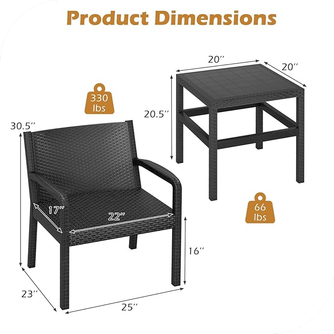 COSTWAY 3 Piece Patio Furniture Set, Outdoor PP Rattan Wicker Furniture Set with 2 Modern Rattan Armchair and 25” Squire Side Table for Patio, Garden, Poolside, Bistro, Black