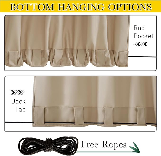 NICETOWN Canvas Outdoor Curtains for Paito 2 Panels, Taupe, W52 x L84 per Panel - Waterproof & Windproof Sun Shades with Grommet & Back Tab & Rod Pocket, Free Rope Included for Bottom Fixing