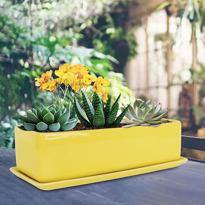 Vencer 14 Inch Rectangular Modern Minimalist Ceramic Succulent Planter Pot - Window Box with Saucer,Office Desktop Potted Stand,Yellow,VF-0173Y
