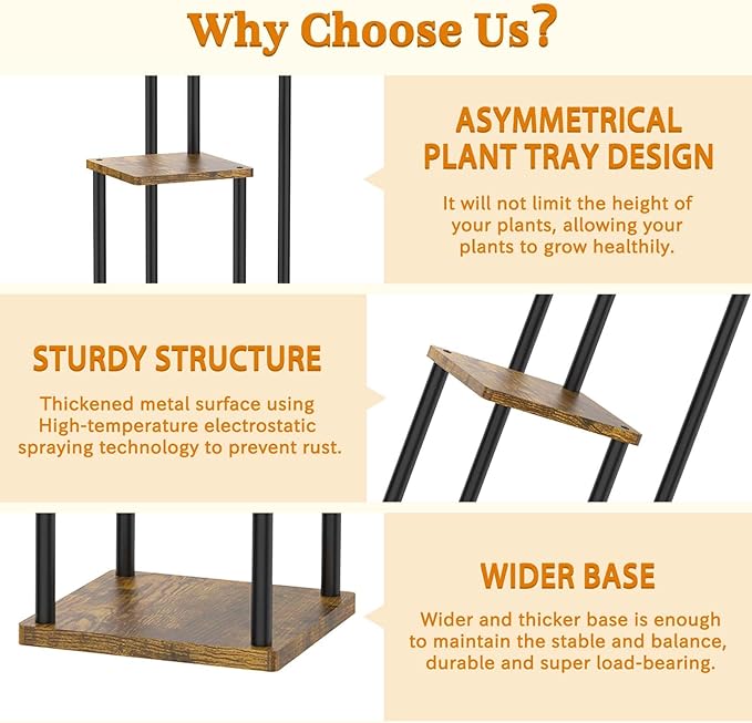 3 Tier Corner Plant Stand Indoor, Metal Wood Flower Pot Holder Shelf, Multiple Display Rack Square Table for Living Room Bedroom Orchid Outdoor Balcony Garden Patio, Modern Black & Rustic Brown