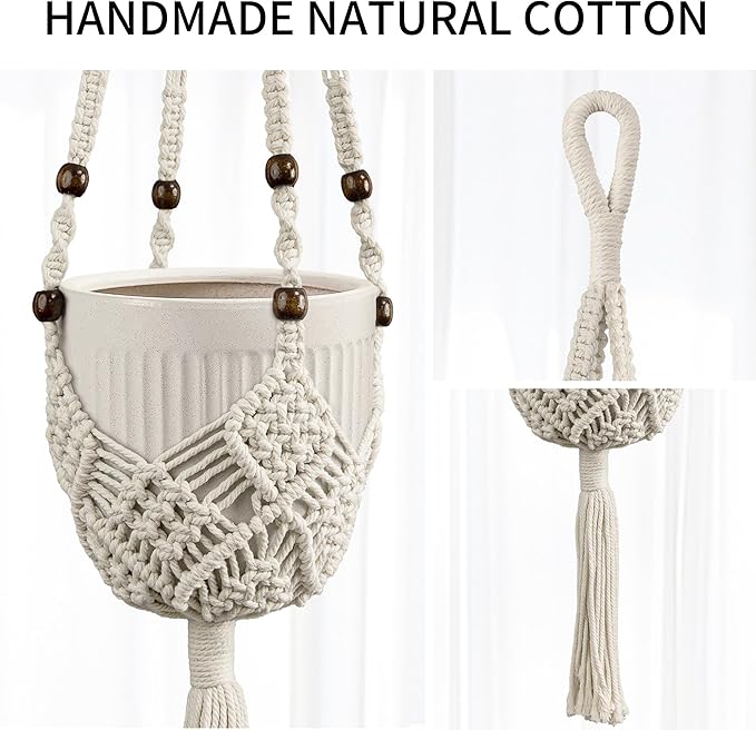 Macrame Plant Hanger - Fits 3 to 6 inches Pots for Indoor Outdoor, 35 Inch, Set of 2, Ivory (POTS NOT Included)