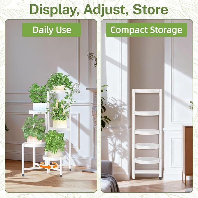 iDavosic.ly Plant Stand Indoor Outdoor, 5 Tier Corner Metal Flower Display Holder Shelf, Easy Assembly Folding Tall Orchid Rack for Patio Balcony Porch Garden Living Room House, White