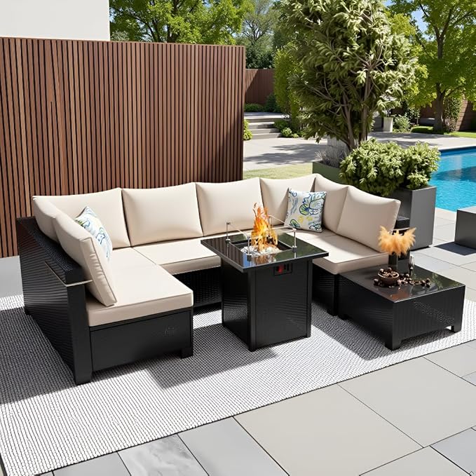 8 Pcs Patio Furniture Set with Fire Pit Table Wicker Outdoor Sectional Sofa, Conversation Set Perfect for Backyard, Garden, Deck (Deep Brown/Beige)