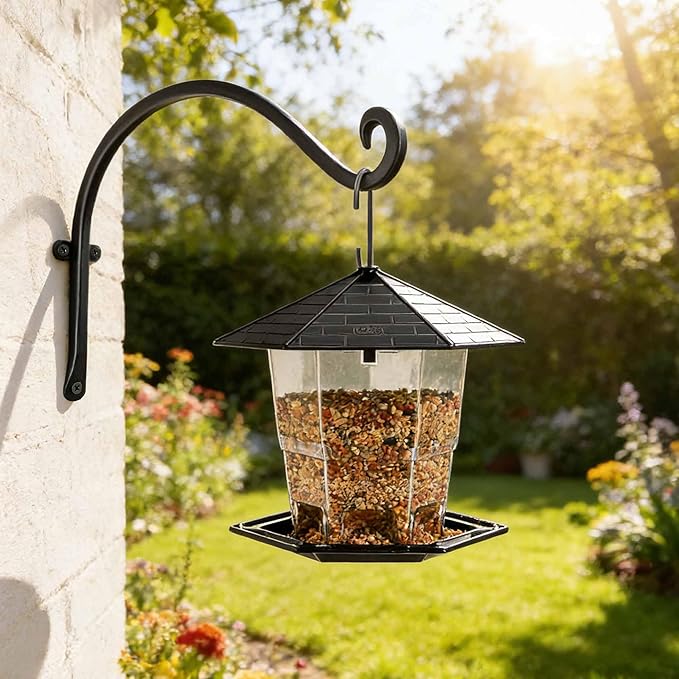 Qiang Ni Bird Feeder Hanger: 12-Inch Wall-Mounted Plant Bracket Outdoor - 4 Pieces Black Plant Hooks for Hanging Flower Baskets