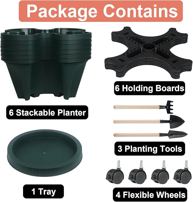 GameXcel Vertical Planter 7 Tier Stackable Planters Garden Planters Strawberry Herb Flower and Vegetable Planter Indoor Outdoor Gardening Pots with Removable Wheels and Tools 2-Pack