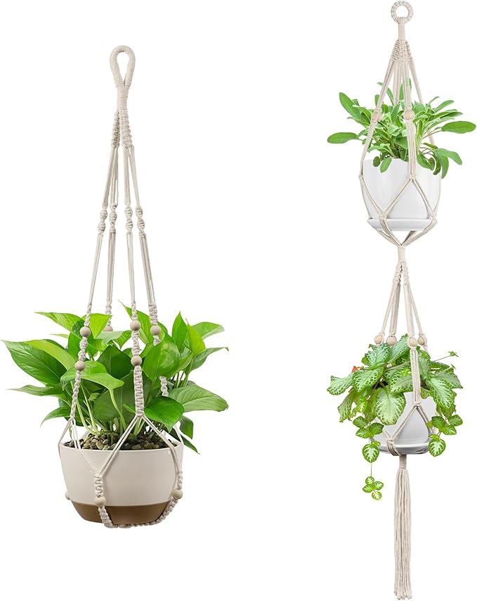 USLAI Macrame Plant Hanger Indoor Outdoor, Fits 4 to 15 Inch Pots, Strong Hanging Planter Holder, Boho Home Decor, 49+35 Inch, Ivory (POTS NOT Included)