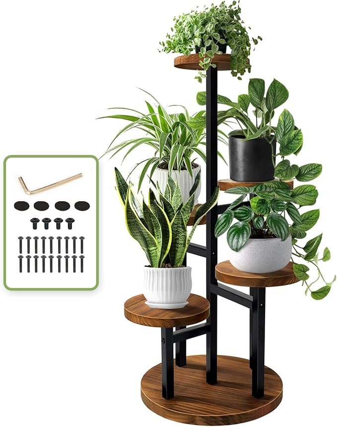 AUGOSTA 5 Tier Plant Stand, Tall Metal Wood Shelf Holder for Indoor Plants, Outdoor Garden Plant Display Rack Flower Pot Stand for Corner Living Room Balcony Garden Patio