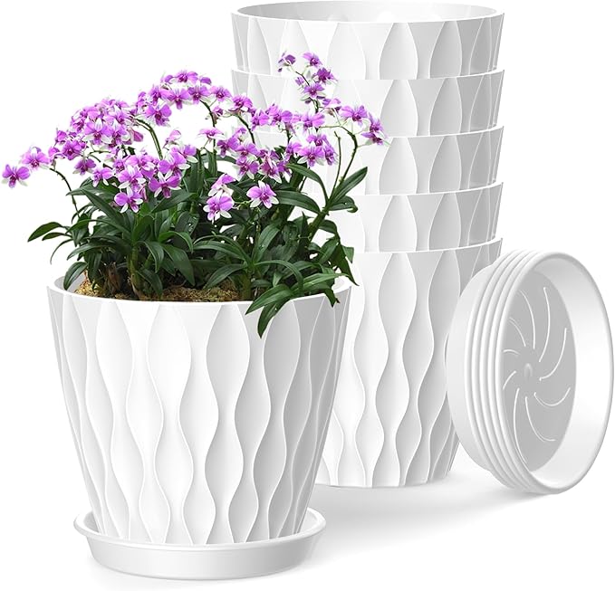 6 Inch Plant Pots, 6 Pack Indoor Flower Pots, Planters with Drainage Holes and Trays for Orchids, Violets, Succulents, Herbs, and Other Plants,White