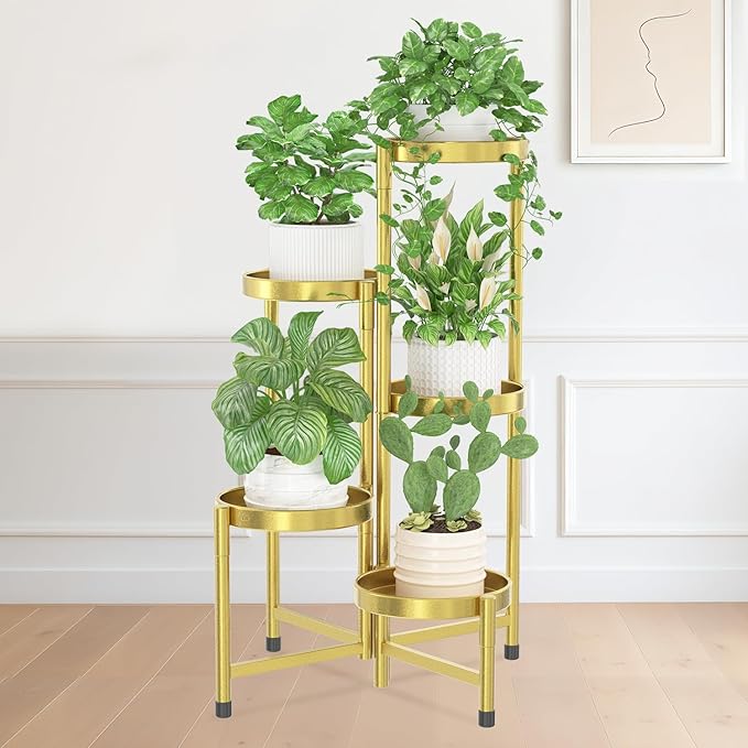 iDavosic.ly Plant Stand Indoor Outdoor, 5 Tier Corner Metal Flower Display Holder Shelf, Easy Assembly Folding Tall Orchid Rack for Patio Balcony Porch Garden Living Room House, Gold