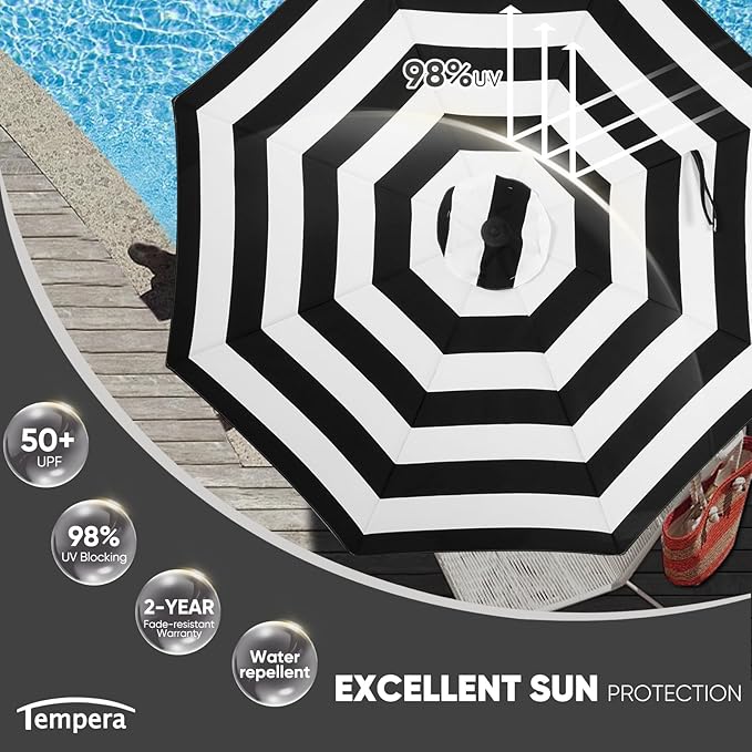 Tempera Patio Market Outdoor Table Umbrella with Auto Tilt and Crank, Large Sun Umbrella with Sturdy Pole & Fade Resistant Canopy, Easy to Set