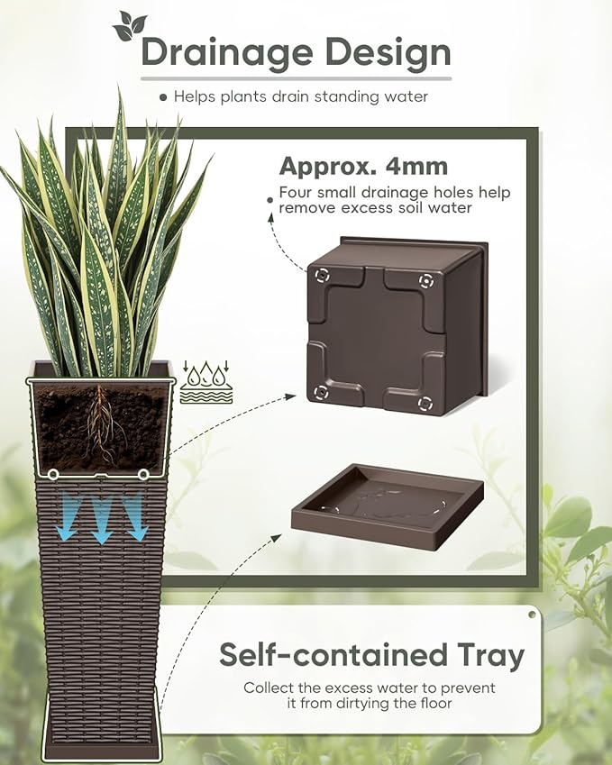 Greesum Set of 2 Tall Plastic Planters with Saucer, 24 Inch Large Pots with Drainage Trays, Weather-Resistant Plastic Plant Containers for Patio, Porch, Garden,Brown