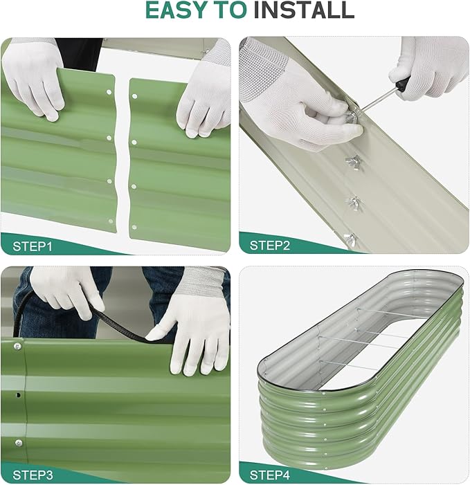 Galvanized Raised Garden Bed - 8×2×1.4ft Planter Raised Beds for Gardening | Oval Metal Garden Planter Box with Safety Edging and Gloves for Vegetables Fruits and Flower OliveGreen