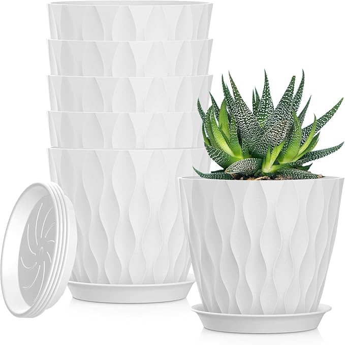 5 Inch Planter Pots, 6 Pack Indoor Planters, Small Flower Pots with Drainage Holes and Tray for Succulents, Orchids, Herbs and Other Indoor Plants (White, 5inch)