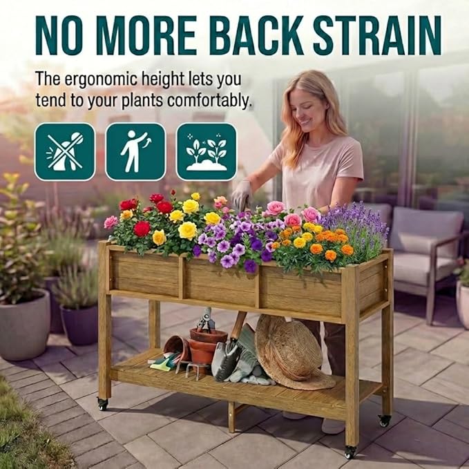 YITAHOME Raised Garden Bed HDPE, 47x18x31In Raised Flower Bed Poly-Wood Weather-Resistant Elevated Planter Box with Lockable Wheels & Storage Shelf for Vegetable Flower, Brown