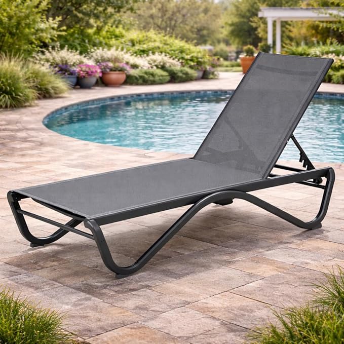Kozyard Outdoor Chaise Lounge Chair, Full Flat Adjustable Patio Lounger with Aluminum Frame & Resin Legs, Textilene Fabric for Poolside, Backyard & Beach (Gray, Chair)
