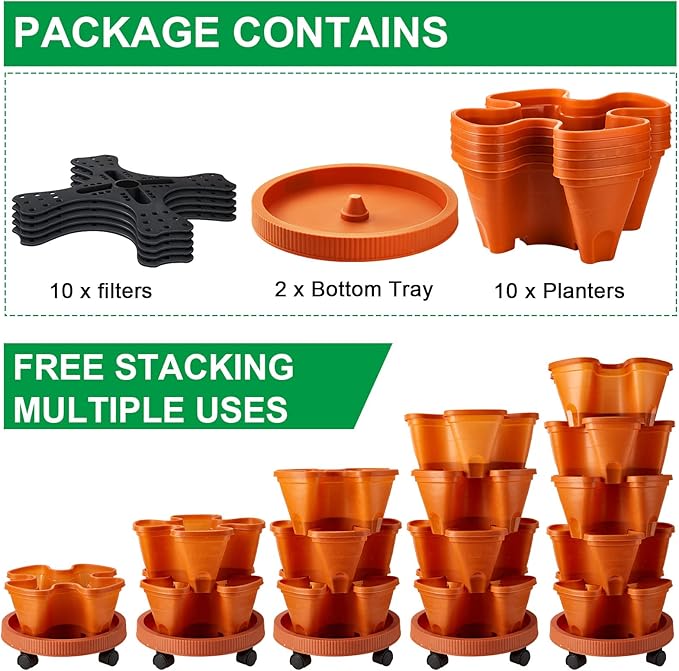 Umigy 2 Set 5 Tier Stackable Planters Vertical Garden Planters for Strawberry Herb Flower and Vegetable Indoor Outdoor Gardening Pots with Removable Wheels and Bottom(Terracotta)