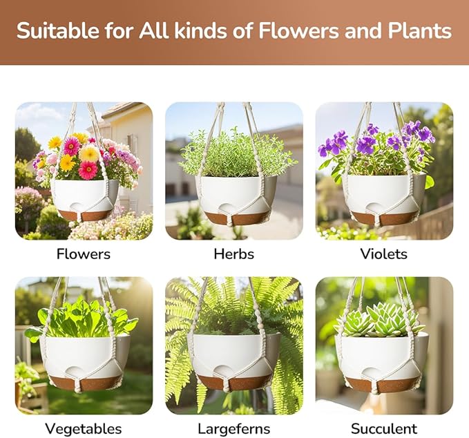 12 Inch Hanging Baskets for Plants Outdoor, Hanging Planters for Indoor Outdoor Plants, Hanging Planter with Self Watering, Hanging Flower Pots (White Planter with Macrame + Iron Hangers)