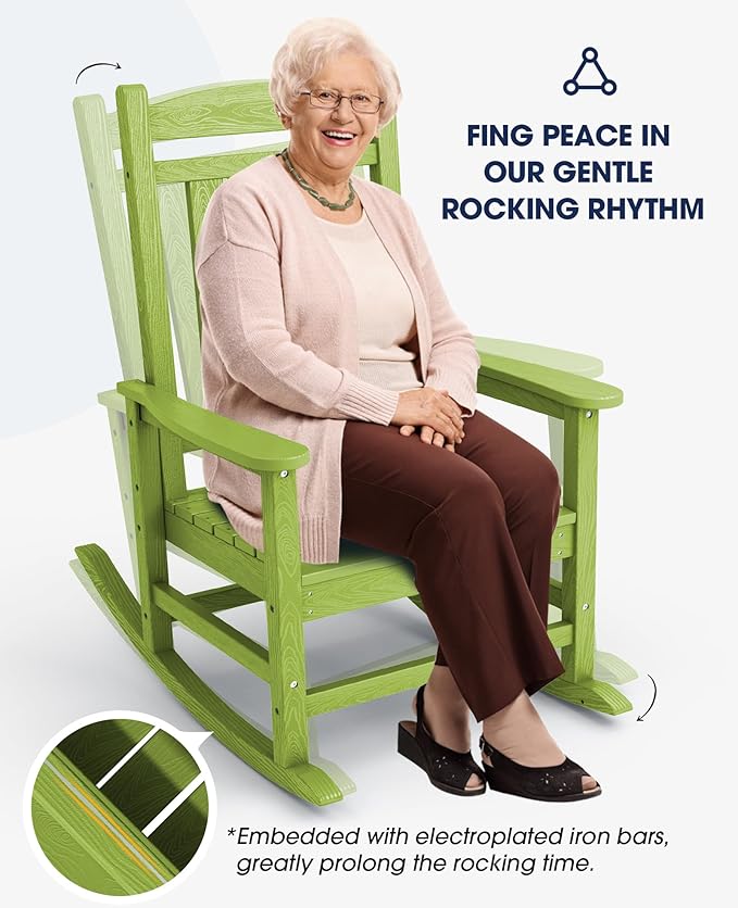 KINGYES HDPE Rocking Chairs Outdoor, Patio Rocking Chairs with 330lbs Support, Smooth Porch Rocker for Deck Lawn Yard, Pistachio Green