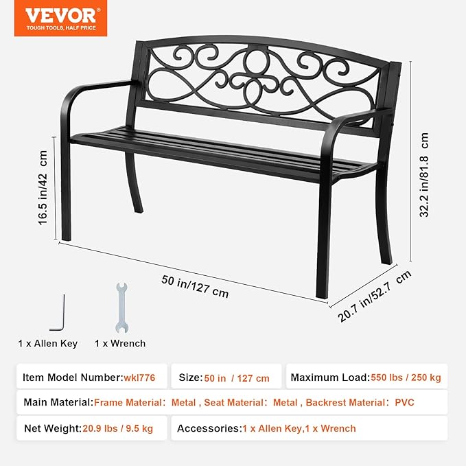 VEVOR Outdoor Bench, 50 inches Metal Garden Bench for Outdoors, 550 lbs Load Capacity Bench, Outdoor Garden Park Bench with Backrest and Armrests, Patio Bench for Garden, Park, Yard, Front Porch