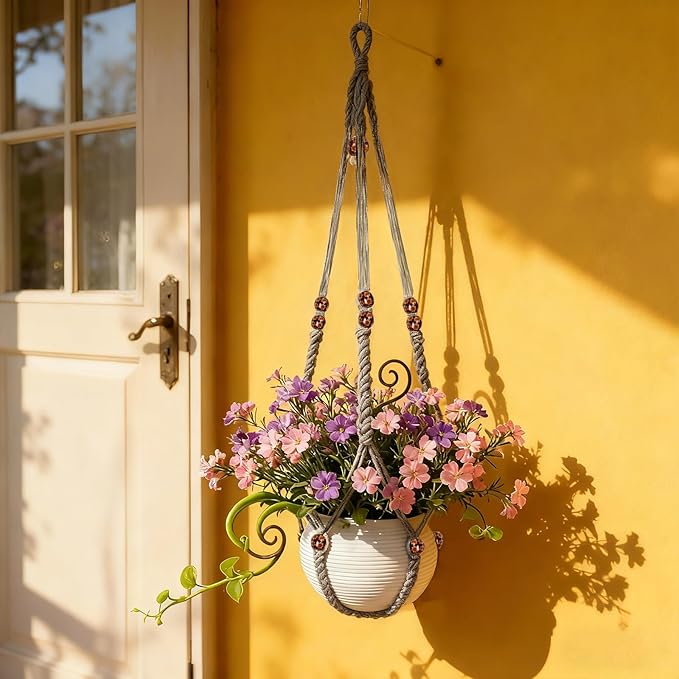 35 Inch Macrame Plant Hanger, Large for up to 15 Inch Pot Extra Long Hanging Planter Holder Basket with Wood Beads for Indoor Outdoor Home Decor (Grey, 2-Pack)