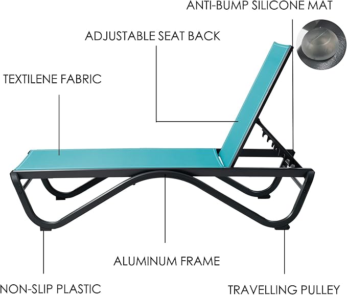 Kozyard Outdoor Chaise Lounge Chair, Full Aluminum Frame, Adjustable Reclining Patio Lounger for Poolside, Sunbathing & Backyard, Textilene (Aqua, 2Chairs + Table)