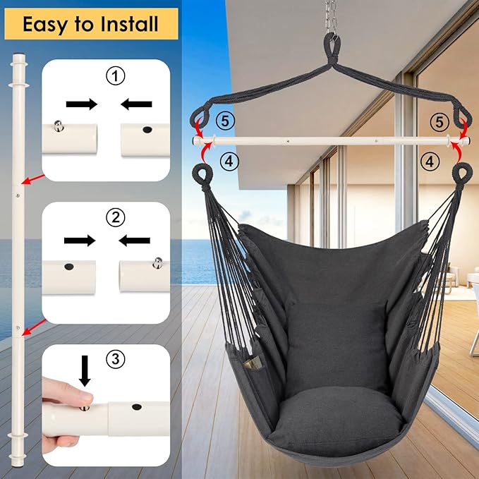 Y- STOP Hammock Chair Hanging Rope Swing Chair, Max 500 Lbs, 2 Seat Cushions Included, Removable Steel Spreader Bar with Anti-Slip Rings, Hardware kit-for Indoor Outdoor(Dark Grey) pcs