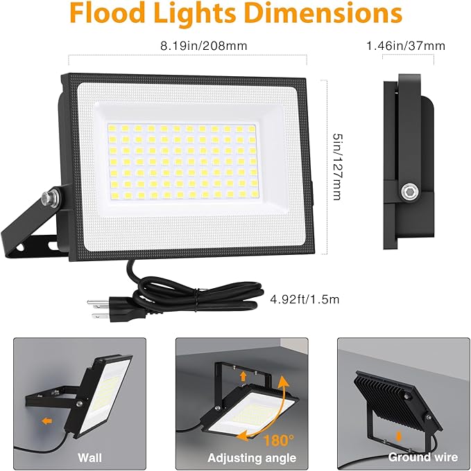 Onforu 80W Flood Lights Outdoor, 8000lm Bright LED Work Light with Plug, 6500K Daylight White LED Flood Lighting, IP66 Waterproof Security Yard Lights for Garage Stadium 4 Pack