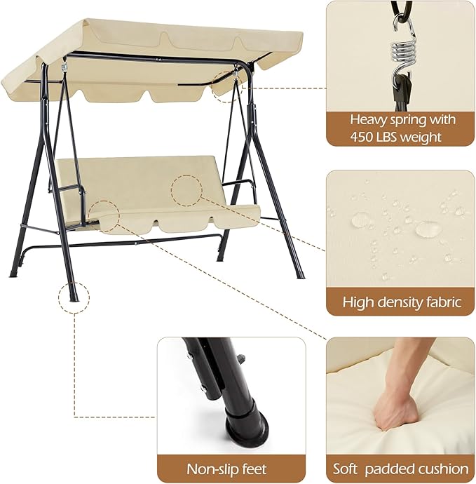 AECOJOY Porch Swing with Stand, 3-Seat Outdoor Clearance Porch Swings for Adults, Outdoor Patio Swing with Adjustable Canopy & Removable Cushion for Backyard, Garden, Balcony, Beige