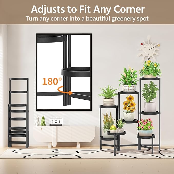 LASZOLA 8 Tiered Folding Plant Stand Indoor for Multiple Large Planter, Tall Heavy Duty Adjustable Rack with Rust Proof Plastic Shelving, Sturdy Vertical Tree Organizer for Narrow Inside Floor, Black