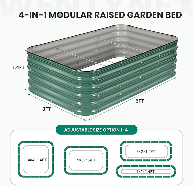 5×3×1.4FT Galvanized Raised Garden Bed Outdoor, Metal Raised Garden Bed Kit, Large Planter Raised Beds, 4 In1 Modular Raised Planter Box Outdoor,Raised Beds for Gardening for Vegetables Flowers Herbs
