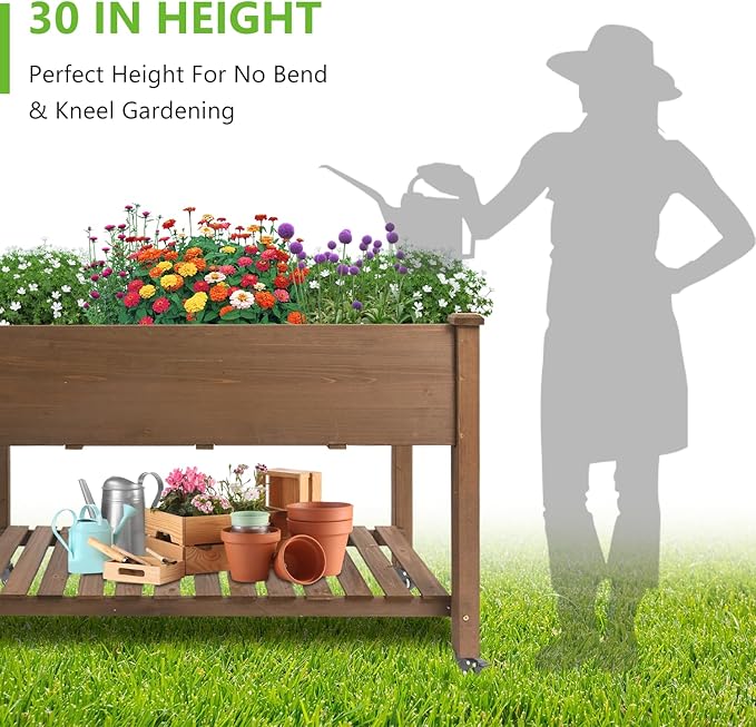 Raised Garden Bed with Legs & Wheels –, Outdoor Elevated Planter Box with Storage Shelf & Hooks for Vegetables, Flowers, and Herbs for Outdoor Gardening, Patio, Balcony,48"x 24"x 33"(Brown)