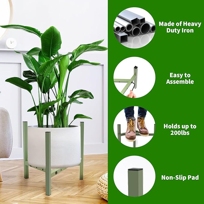Aripark Plant Stand Indoor Adjustable, Metal Modern Small Plant Stands, Heavy Duty Stable Plant Pot Flower Holder Indoor Outdoor Corner, Fit 8 9 10 11 12 inch Pots, Green (Pot & Plant Not Included)