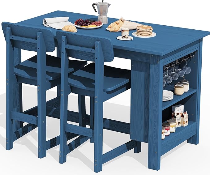 SERWALL 3-Piece Outdoor Counter Height Bar Set, HDPE Patio Bar Table with Wine Rack & Storage Shelf, 2 All-Weather Bar Stools, Patio Bar Dining Furniture Set for 3, Blue