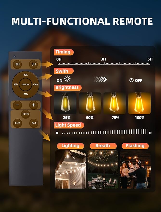 Outdoor Patio String Lights: 200Ft 60M Outside Waterproof Light - Remote Dimmable ST38 Shatterproof Bulb Connectable Hanging Outdoor Electric Lighting - Backyard Yard Gazebo Porch Party
