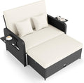 Tangkula Patio Rattan Daybed with 4-Level Adjustable Backrest, Outdoor PE Wicker Loveseat with Storage Ottoman & Folding Side Tray, Double Sunbed Lounger for Balcony, Backyard & Poolside (White)