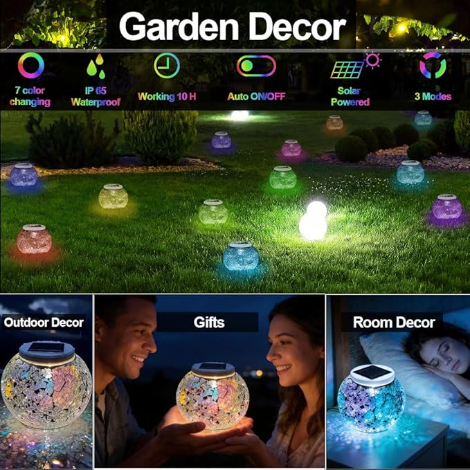 Aukora Color Changing Solar Powered Glass Ball Garden Lights, Table Lamps Waterproof Night Light for Patio, Bar, Party, Yard, Room, Wine Cabinet, Outdoor/Indoor Decorations, Ideal Gift(Crack Glass)