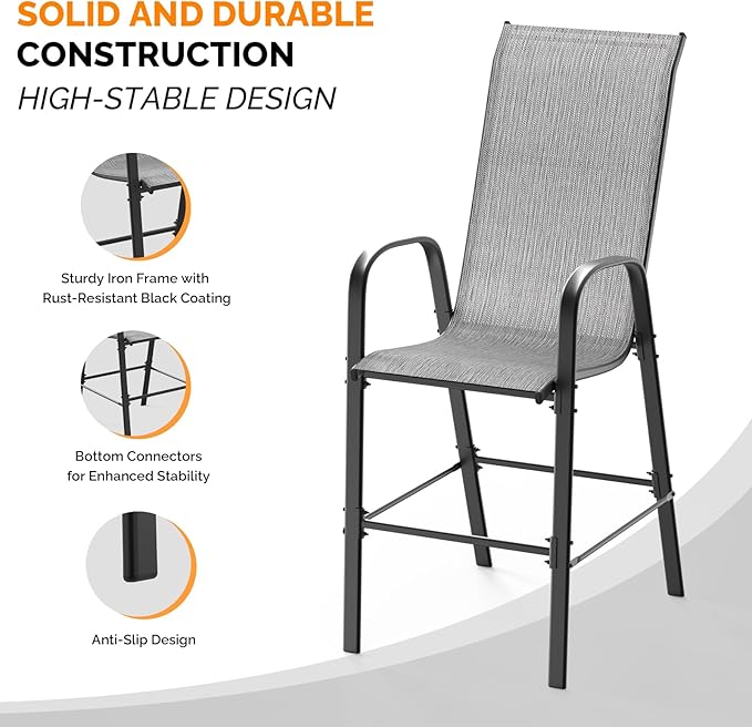 VINGLI Set of 4 Stackable Outdoor Bar Stools – Sling Chairs with High Back & Armrests, for Lawn, Garden, Bar, Grey