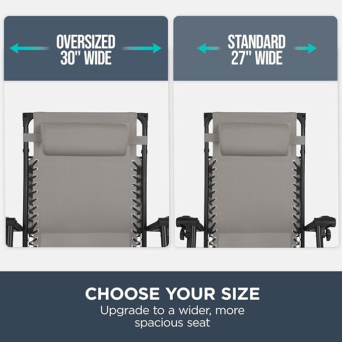 Best Choice Products 30” Wide Folding Zero Gravity Outdoor Recliner Patio Lounge Chair w/Adjustable Canopy Shade, Headrest, Side Accessory Tray - Ice Gray