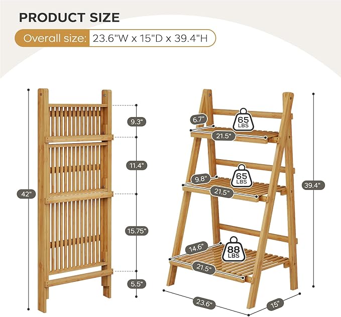 39.4" Foldable Plant Shelf Ladder Shelf, 3 Tier Bamboo Ladder Flower Pot Display Shelf, Freestanding Ladder Bookshelf for Garden, Balcony, Yard, Living Room, 23.6"W x 15"D x 39.4"H, Natural
