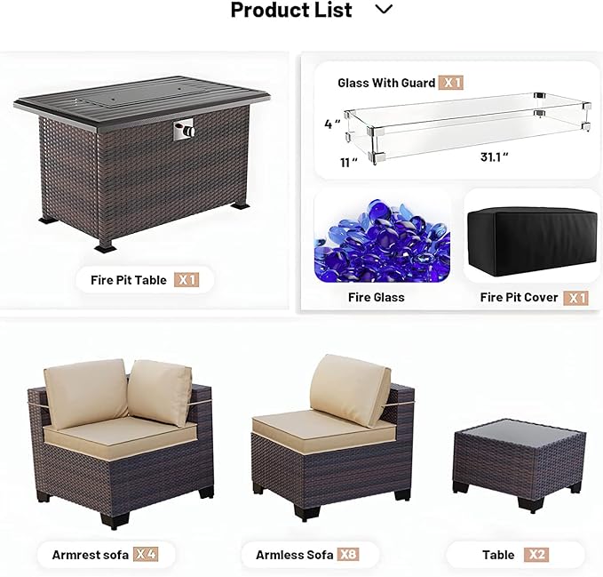 Kullavik 15 Pieces Outdoor Patio Furniture Set with 43" 55000BTU Gas Propane Fire Pit Table PE Wicker Rattan Sectional Sofa Patio Conversation Sets,Sand