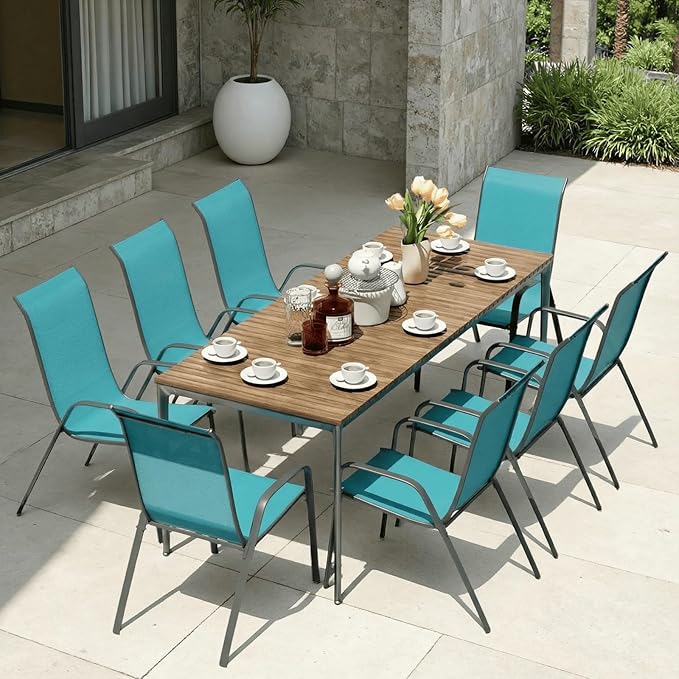 MAMIZO Patio Dining Chairs, Stackable All Weather Teslin Chair, Heavy Duty Outdoor Breathable Chairs Set, w/Armrests, Upgraded Chair FeetW/Strenthened Iron Spacers, 330 LBS (8, Turquoise Blue)