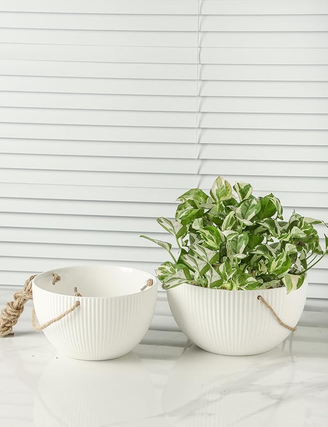 UBEE Ceramic Hanging Planters Indoor Outdoor, 7.5 Inch + 6.5 Inch Hanging Flower Pot for Plants Hanging Basket for Succulent Pothos Herbs Window Home Decor, 2 Pack, White