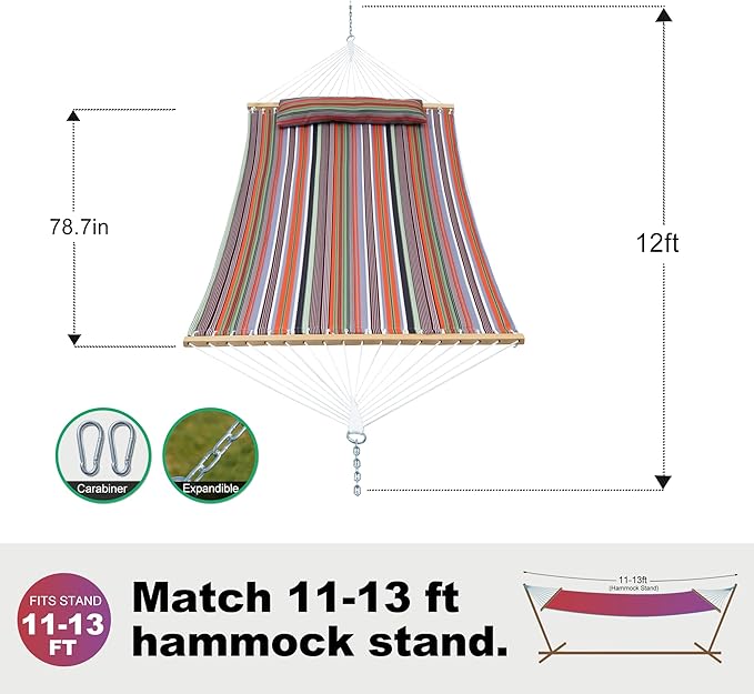 2 Person 12FT Hammocks for Outside, Double Quilted Fabric Outdoor Hammock with Spreader Bar, Large Removable Pillow, Storage Pockets, Carabiners, Max 475 lbs Capacity (Sunset Red Stripe)