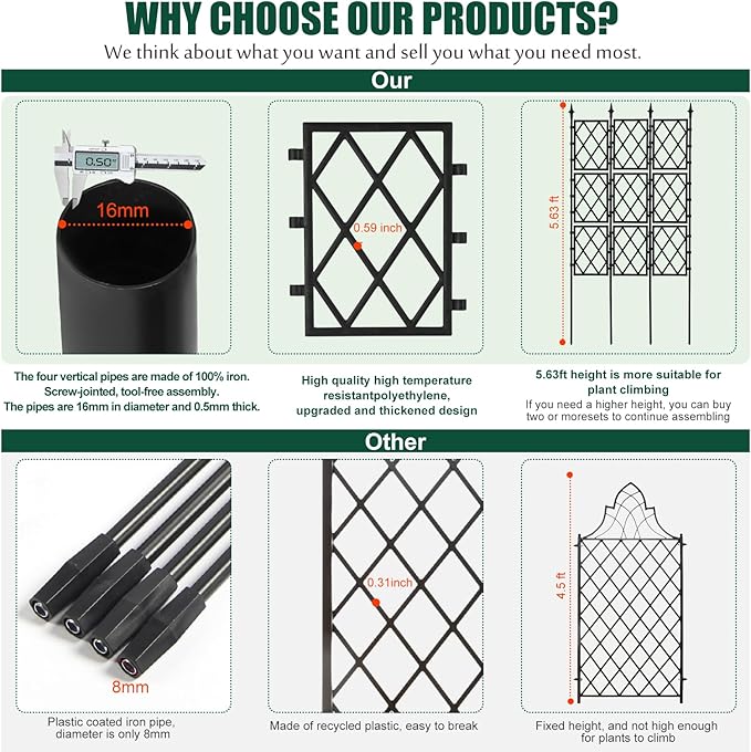 Garden Trellis for Climbing Plants Outdoor 5.25 FT, Iron Pipe Metal Support Wall Tall Plant Trellis Lattice Fence Plant Support with Garden Twist Tie for Ivy Vines Rose