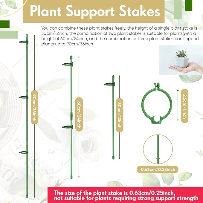 meekoo 30 Pcs Adjustable Garden Plant Support Stakes Single Stem Plant Cage Support Rings with Clips and Connect Pipe for Orchid Rose Tomato, 12 Inch (Green)