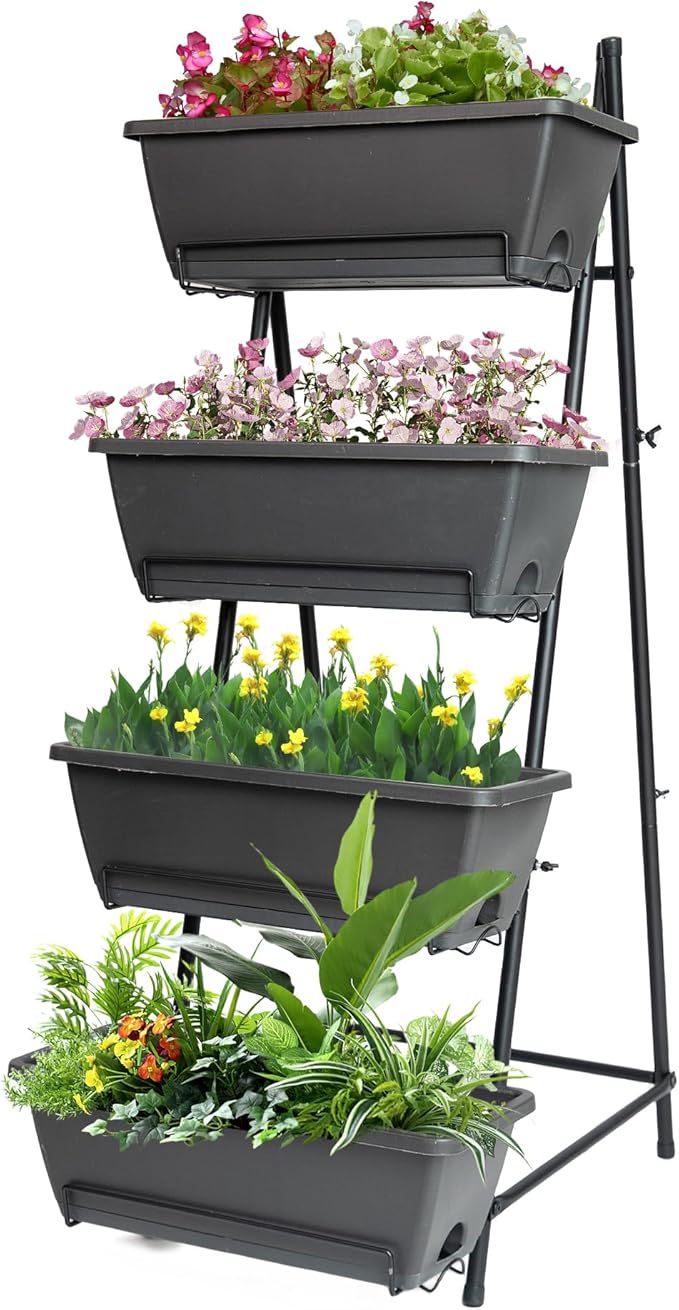 GENMOUS 4 Tier Raised Garden Bed Tall 45'' Vertical Elevated Garden Planter Standing Garden Bed Planter Box with Drainage Holes Removable Tray Outdoor Herb Planter Stand on Patio Balcony Porch Black