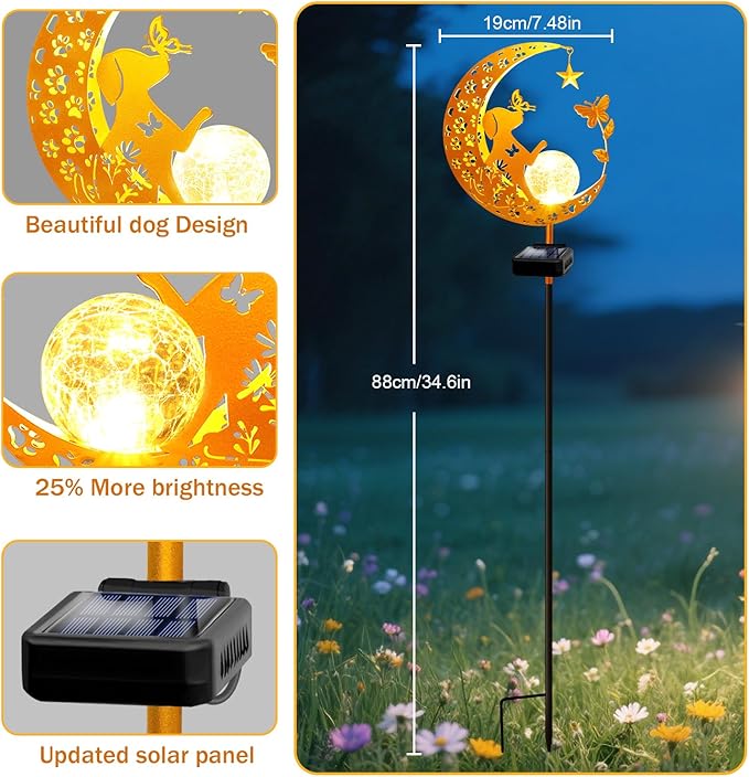 YJFWAL Garden Solar Dog Lights Pathway Stake Lights Glass Globe with Moon Cat Decor, Christmas Gift for Mom Grandma Friends, Outdoor Decor Light Waterproof for Walkway, Patio or Garden (Warm White)